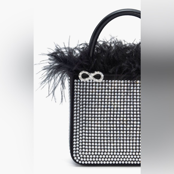 Mach & Mach Crystal & Feather Trim Satin Bag (Black) - Picture 5 of 13